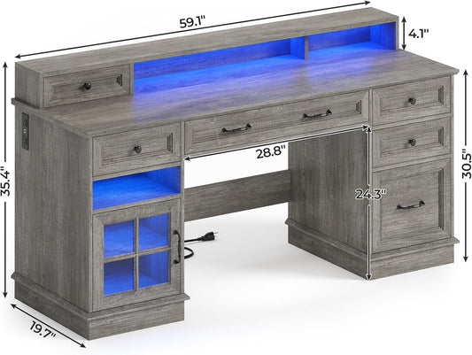 Farmhouse Executive Desk with File Drawer, Computer Desk with Charging Station & LED Lights, Home Office Desk with Drawers & Storage Cabinet, Executive Office Desk with Monitor Stand, Grey