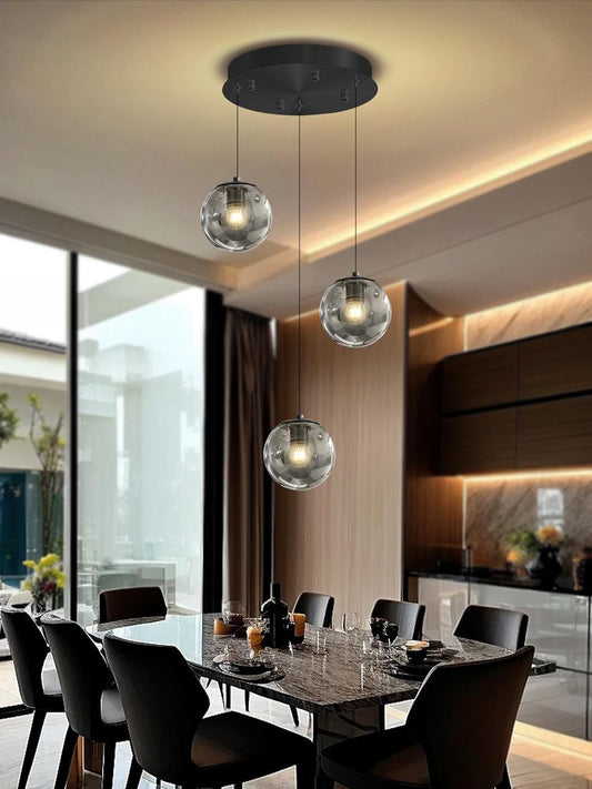 3-Light Black Pendant Light Fixtures Modern Smoke Gray Glass Globe Pendant Lights Kitchen Island Adjustable Hanging Lights Globe Stairwell Lighting Black Chandelier for Dining Room