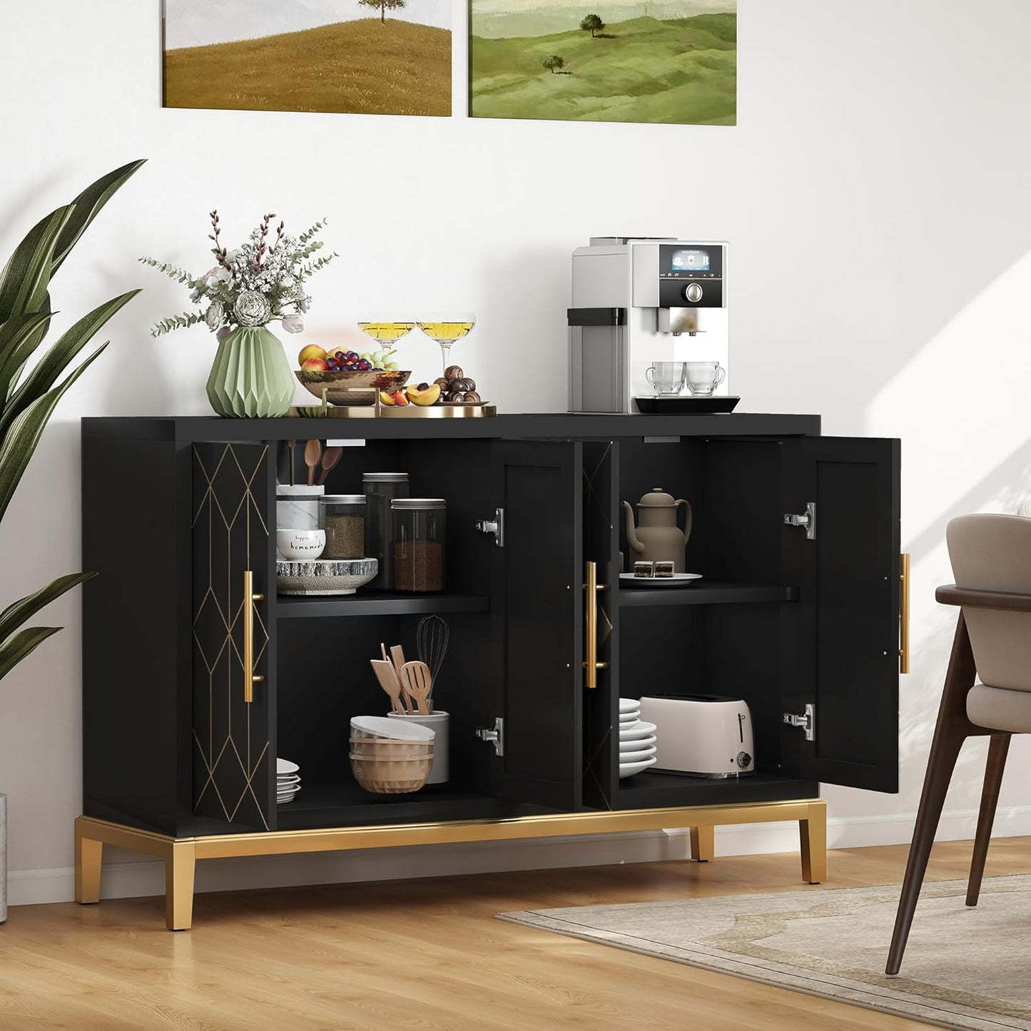 47.8" Storage Accent Cabinet with 4 Doors, Modern Sideboard Buffet Cabinet with Gold Lines, Wood Decorative Credenza with Storage for Living Room, Kitchen, Dining Room, Entryway, Black