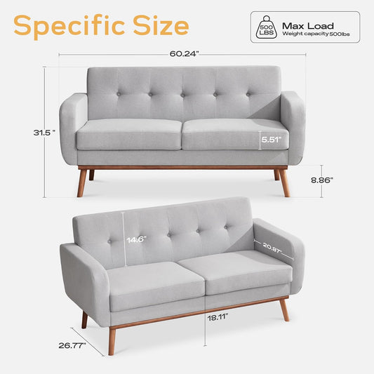 Living Room Set, Button Tufted Living Room Furniture Sets, Upholstered Modern Couch Set with Solid Frame, Sofa Set for Living Room (Light Grey, 3 Piece Set-1*Loveseat+2*Chair)