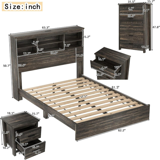 4-Pcs Queen Size Bed Frame Dresser Night Stand Bedroom Set, Platform with USB Charging Ports Storage Headboard & 1 X 5 Drawers Cabinet & 2 X Nightstands, Wooden, Antique Grey