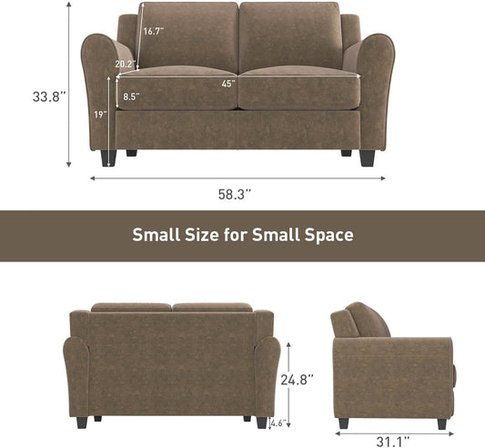 58" Brown Loveseat Sofa Couch for Living Room, 2 Seater Love Seat for Small Spaces, Modern Couch with Thick Cushion for Home Apartment Office
