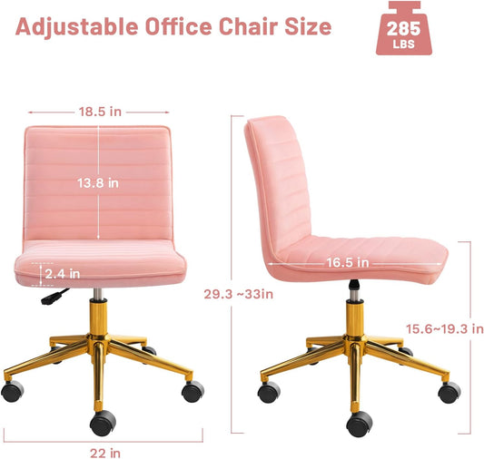 Armless Vanity Chair with Wheels, Computer Rolling Desk Chair with Back, Pink Office Chair with Height Adjustable Soft Velvet Fabic Gold Metal Base Stool,Pink