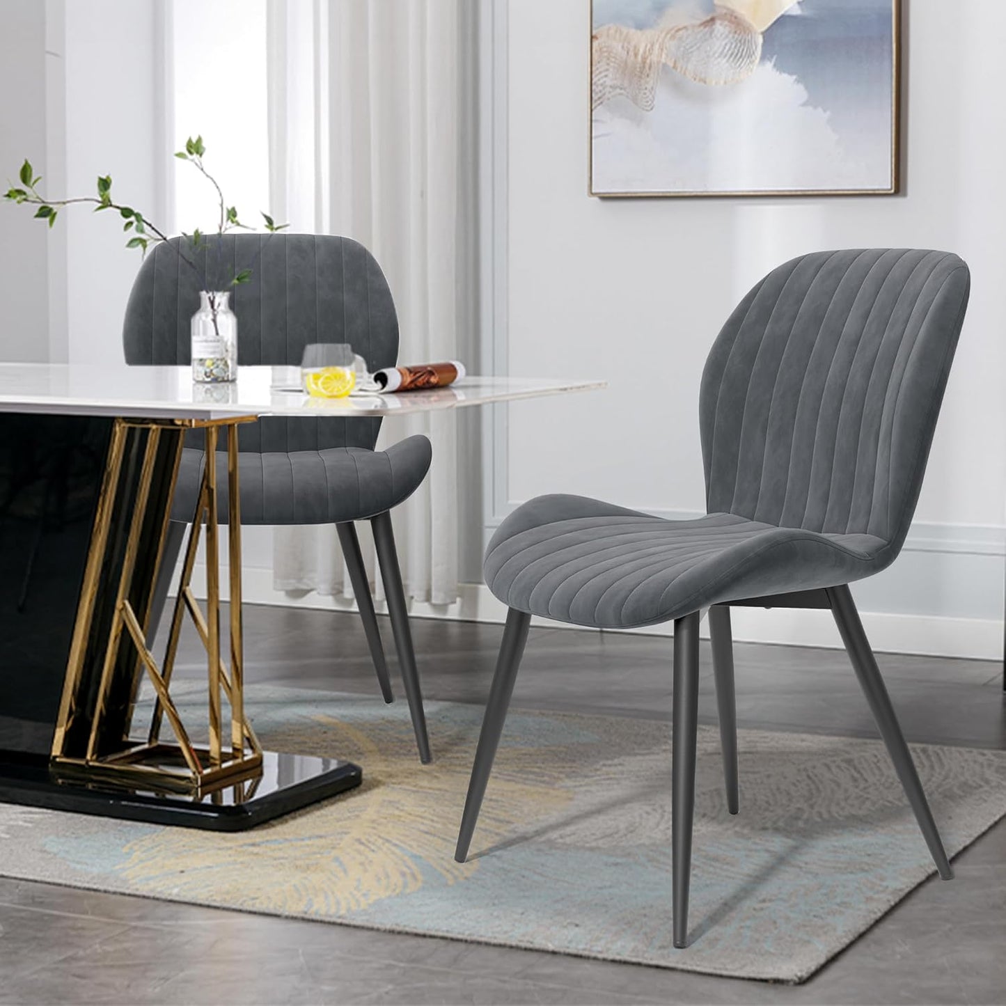 Dining Chairs Set of 4 Modern Velvet Dining Room Chairs Upholstered Dining Chairs with Thick Cushions Metal Legs Armless Back Chair for Kitchen and Living Room Dark Gray