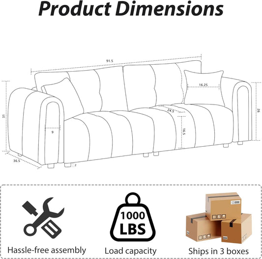 91.5" Mid-Century Modern Cloud Sofs, Comfy Boucle Couch with Rolled rms nd Soft Pillows, Upholstered Sherp Loveset Sofs for Living Room, prtment, Home Office, Crem White