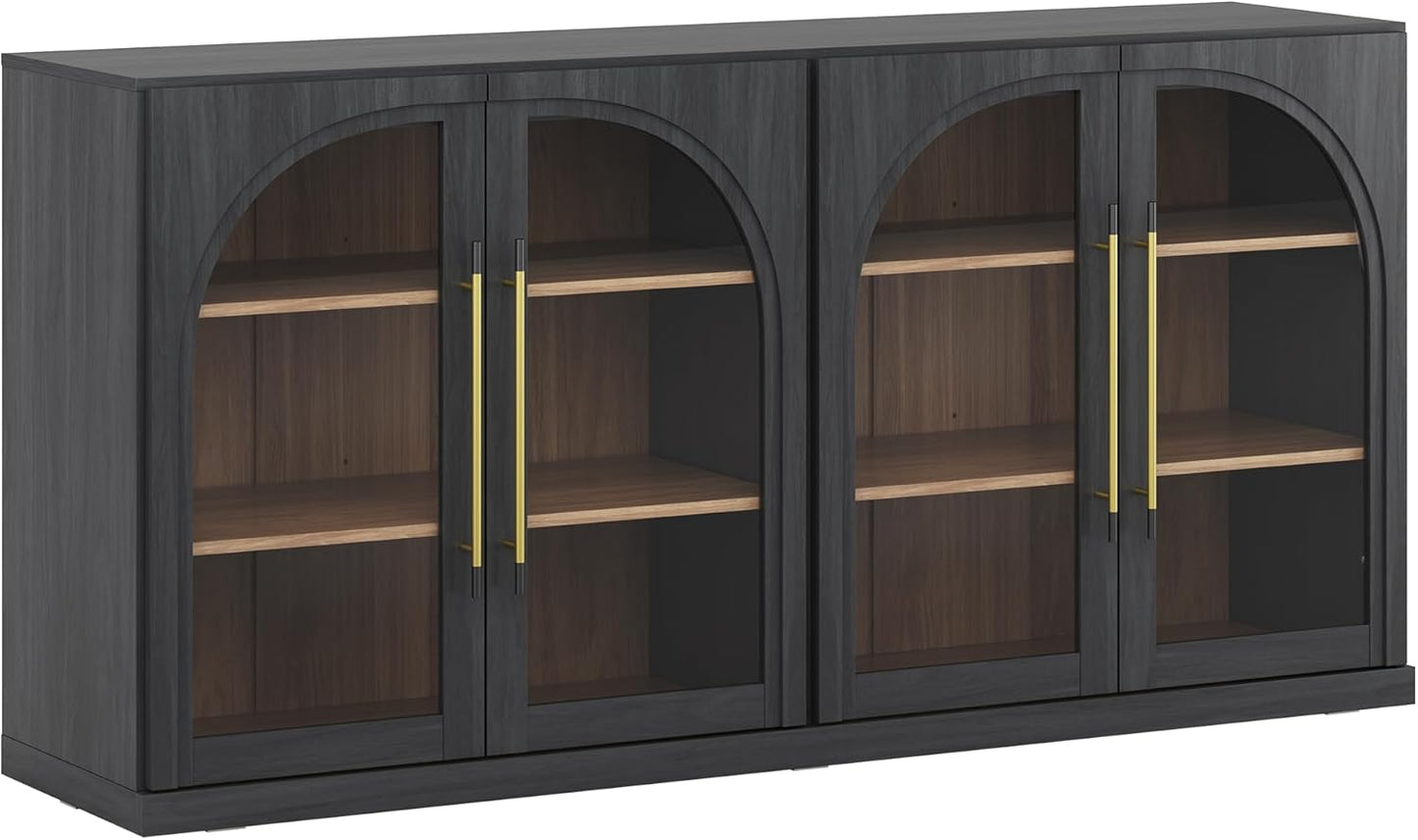 65" Arched Sideboard with Glass Door, Accent Buffet Cabinet with Storage and Adjustable Shelves, Classic Modern Large Console Table for Dining Room Living Room Entryway (Ebony)