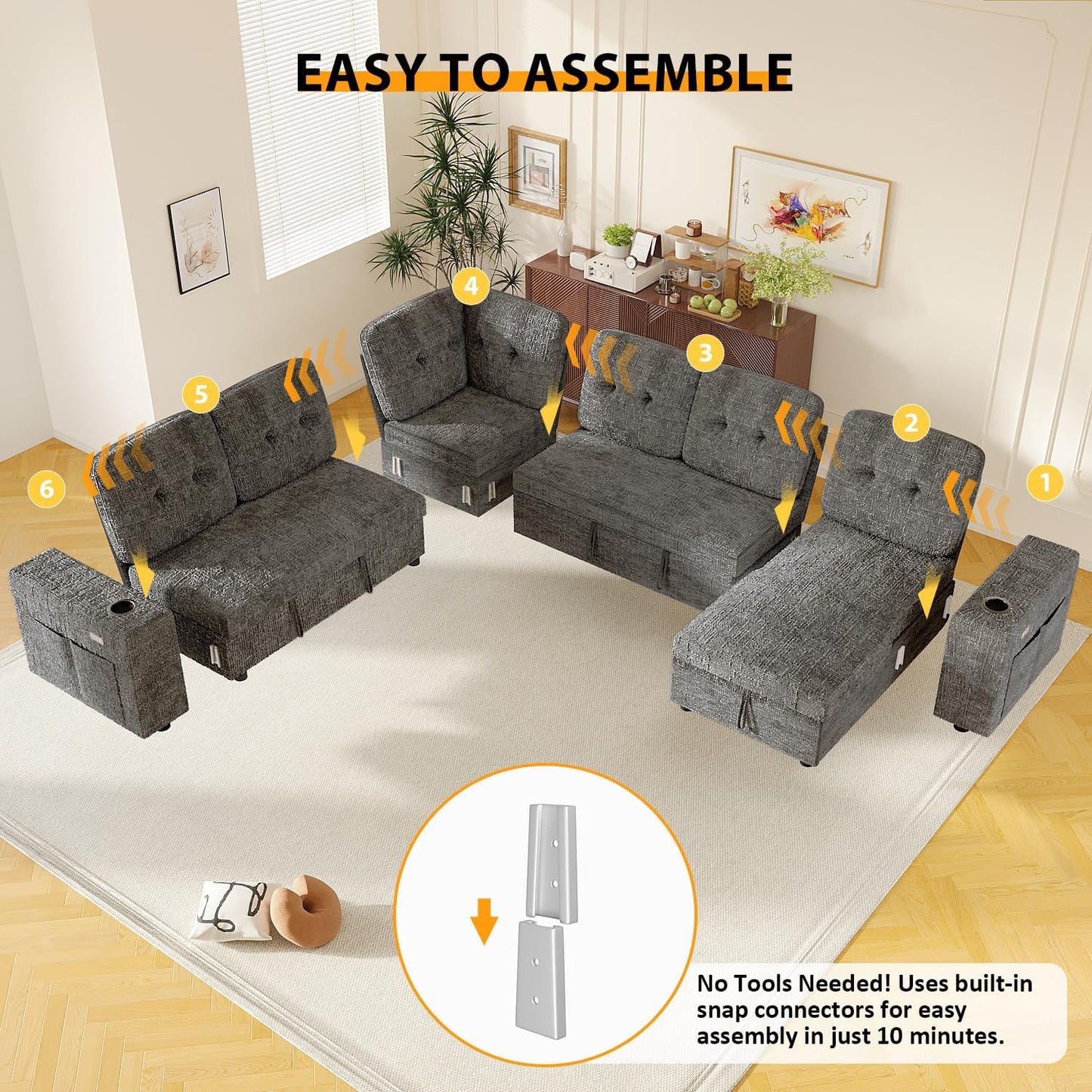 Modular Sectional Sleeper Sofa with Pull Out Bed, U Shaped 7 Seat Sectional Couches for Living Room, 108 Inch Sofa Bed with Adjustable Backrest | Hidden Storage | Wide Armrest | Grey