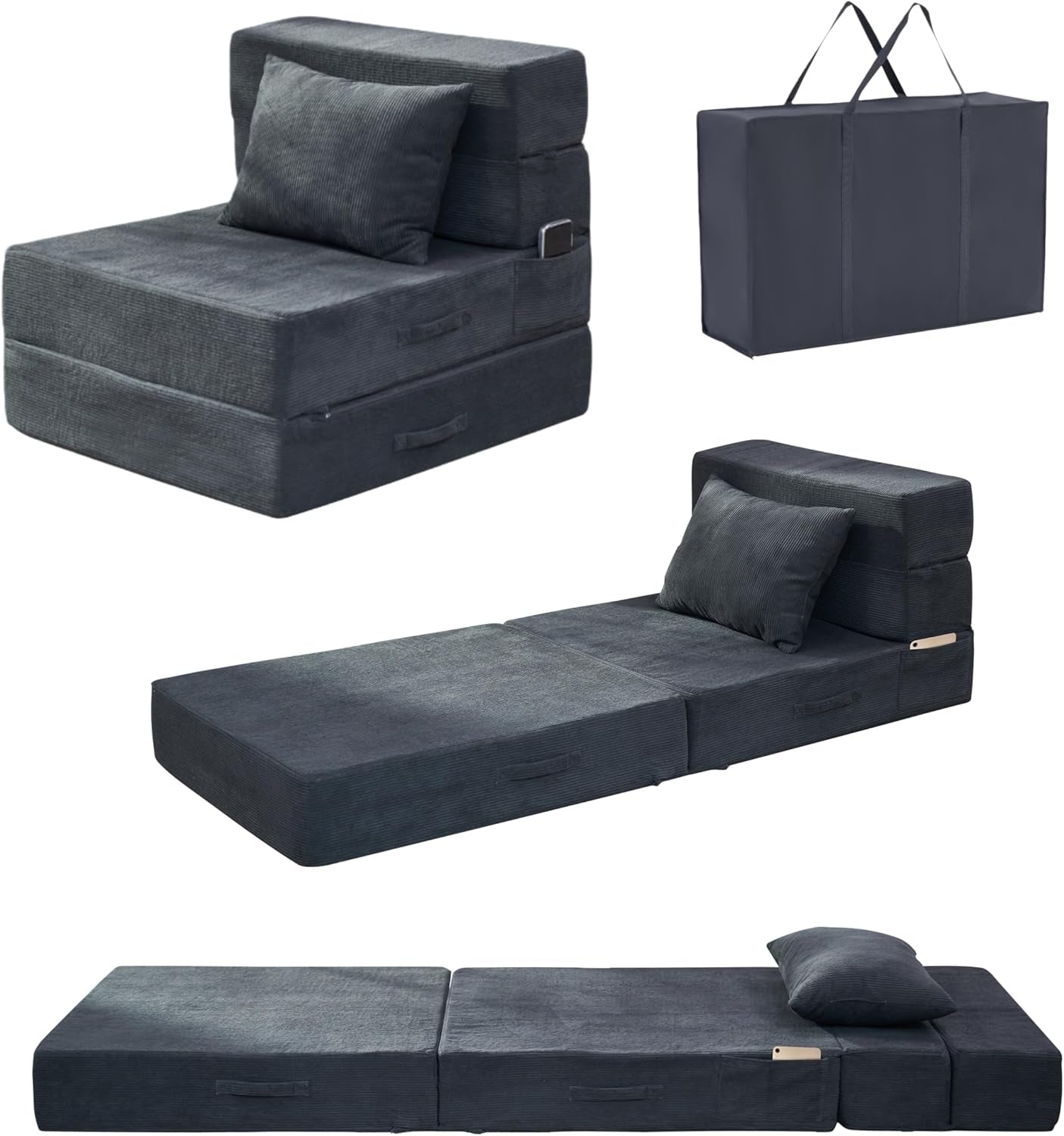 Folding Sof Bed, 4 in 1 Convertible Sleeper Chir with Pillow, Single Memory Fom Fold Out Chir Bed, Modern Floor Futon Sof Couch Mttress for Living Room/Guest/prtment, Drk Grey