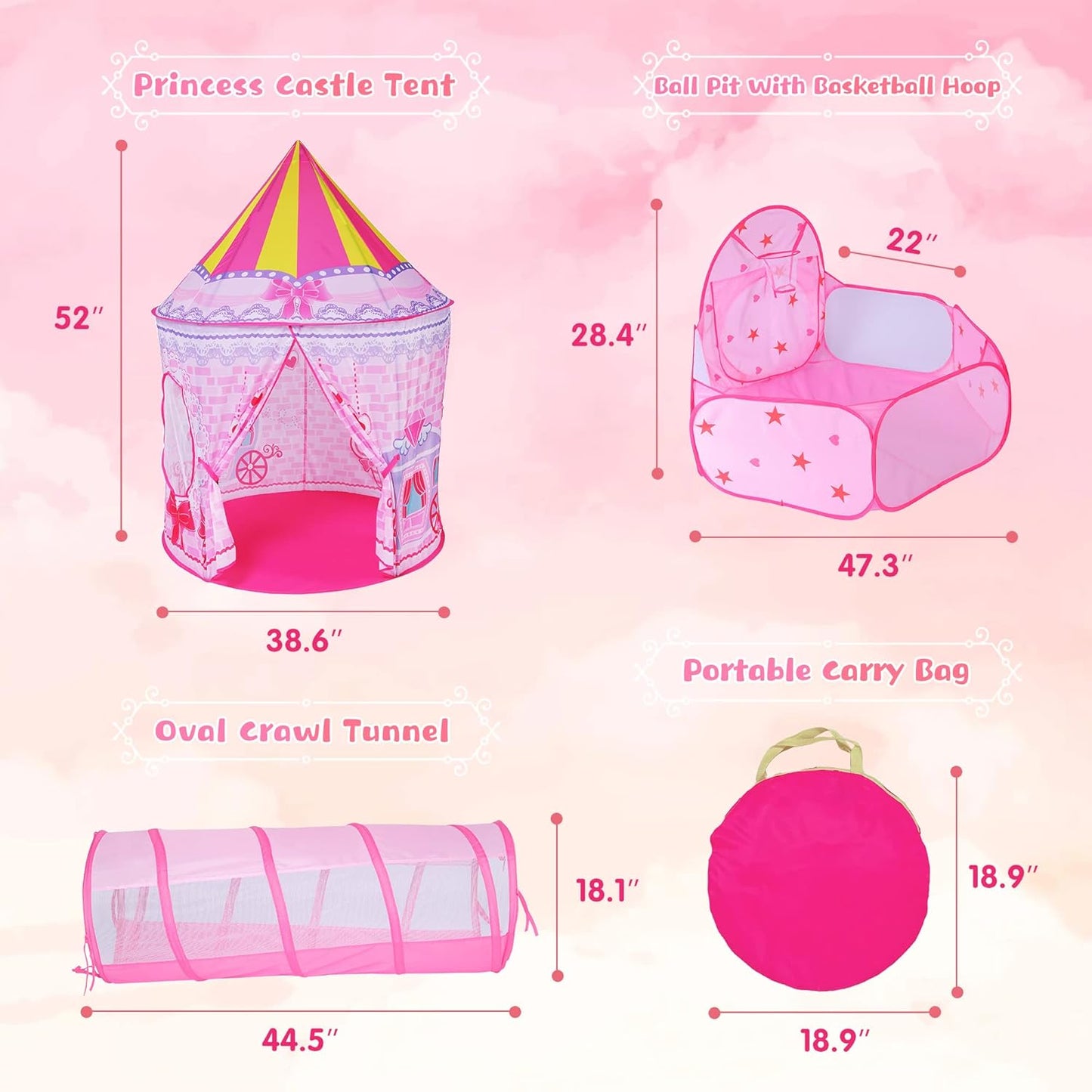 3Pc Princess Fairy Tale Kids Play Tent, Oval Crawl Tunnel, Ball Pit for Toddlers, Indoor Outdoor Playhouse Castle Toys, Baby Boys Girls for 3 4 5 6 7 Years Old (Balls Not Included)
