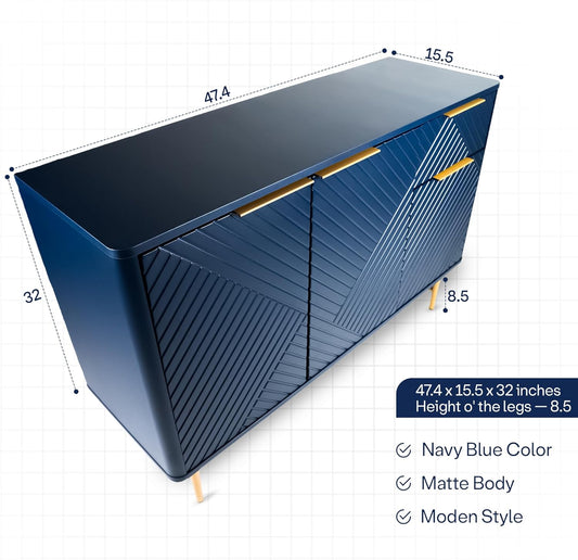 Modern Sideboard Buffet Cabinet with Storage, 47'' Navy Blue Credenza Gold Handles with 3 Doors and 1 Drawers, Wooden Kitchen Coffee Bar Cabinet for Living Room Farmhouse, Hallway