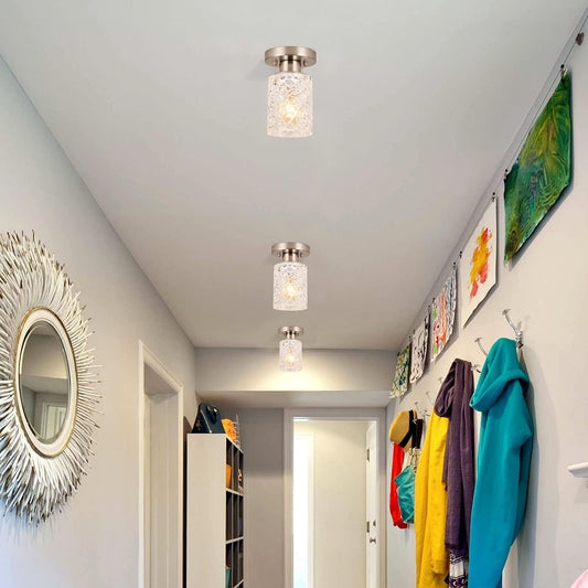 2 Pack Semi Flush Mount Ceiling Light, Clear Geometric Glass Shade, Brushed Nickel Farmhouse Light Fixture for Hallway, Laundry Room, Kitchen,Bathroom and Foyer AL9082-S2