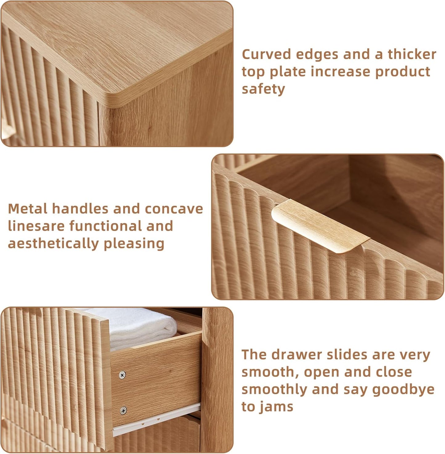 Fluted Dresser and 3 Drawers Nightstand Set of 2, Wood 48" Wide Dresser & 23" Night Stand with Charging Station, 3 Piece Bedroom Furniture Set, Chest of Drawers for Home,Living Room,Wood