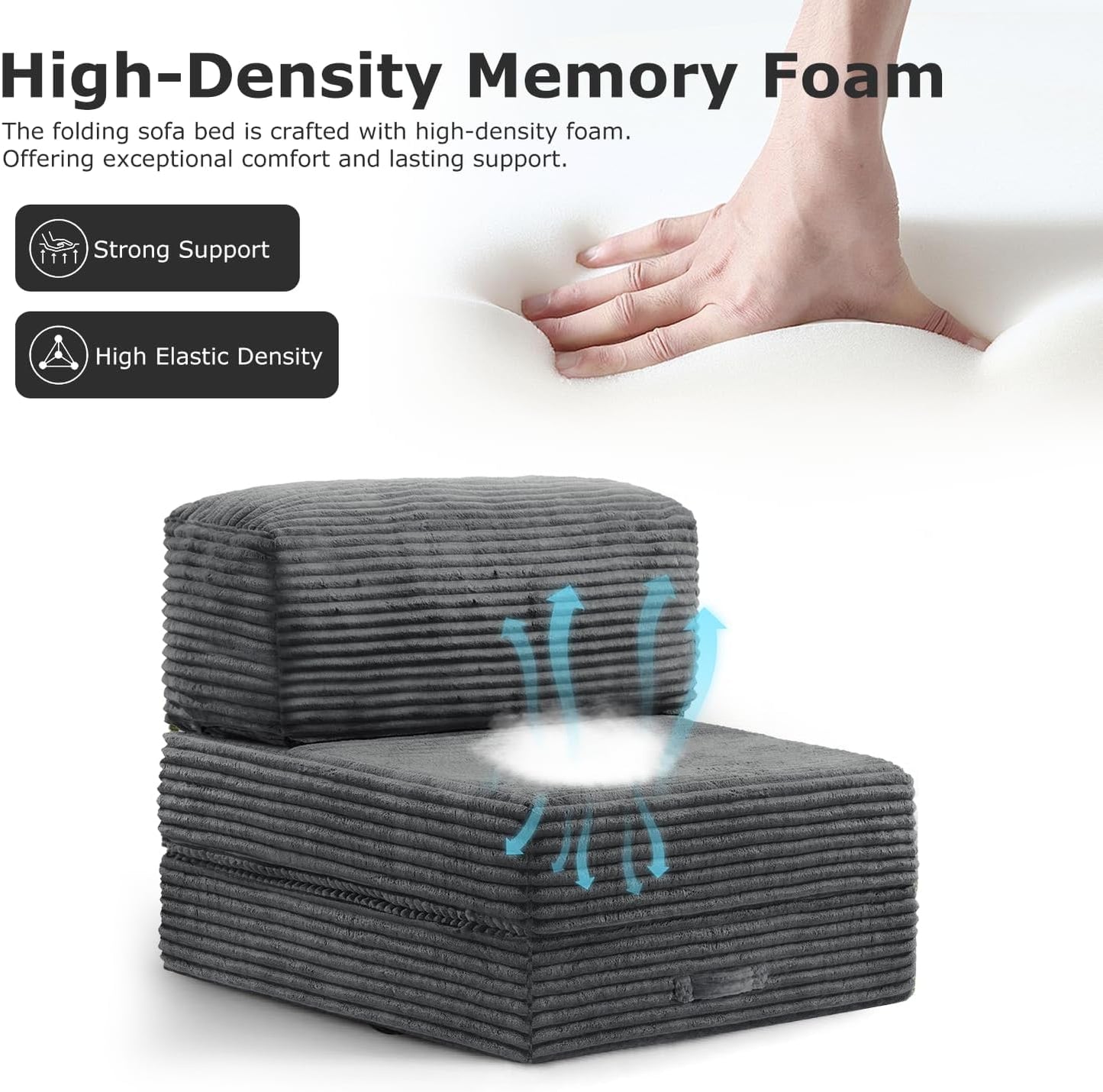 Folding Sofa Bed, Convertible Sleeper Chair Foldable Mattress with Back Support, Comfy Floor Couch Sofa Lounge for Living Room Bedroom, Grey, Single