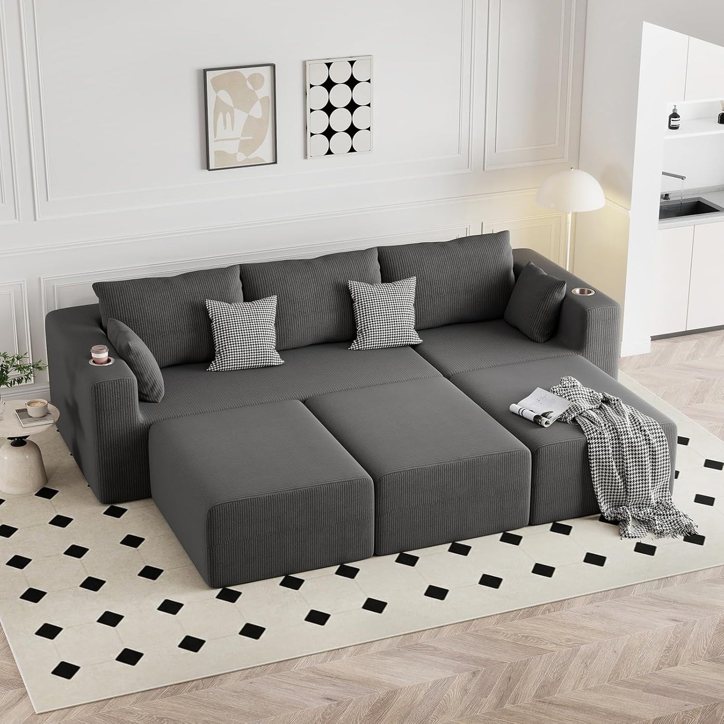 112" Oversized Modular Sectional Sleeper Sofa with 3 Ottoman, Boneless Cloud Couch Bed 3 Seater with Chaise for Living Room, Modern Convertible Sleeper Couch, No Assembly, Corduroy Dark Grey