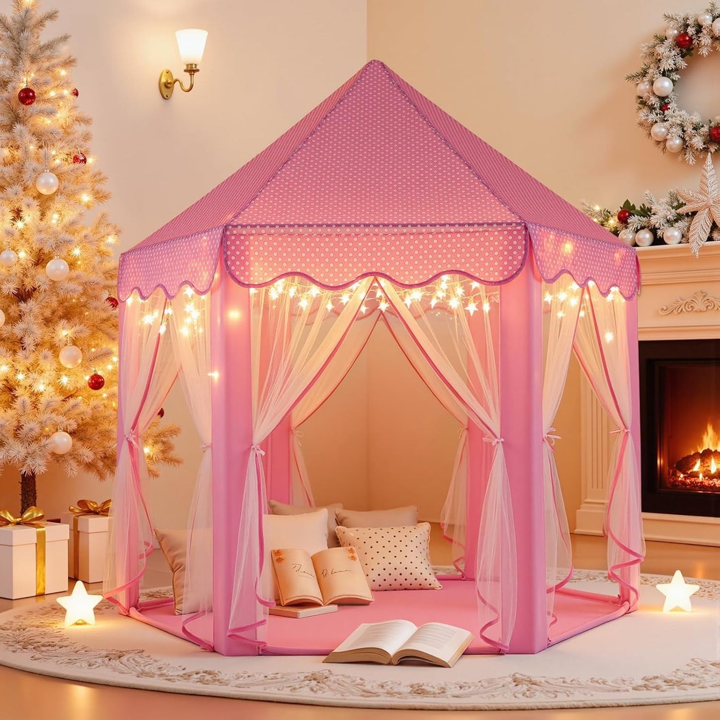 Princess Castle Tent for Girls Fairy Play Tents for Kids Hexagon Playhouse with Fairy Star Lights Toys for Children or Toddlers Indoor or Outdoor Games (Pink)