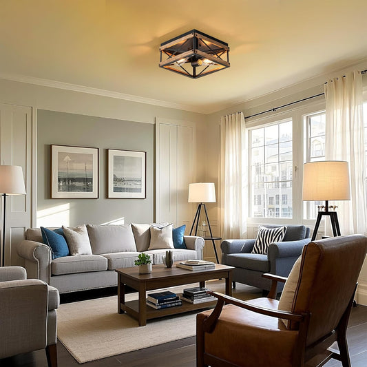 Black Flush Mount Ceiling Light, 2-Light Rustic Farmhouse Fixture with Metal & Wood Frame, Dimmable Close-To-Ceiling Lighting for Kitchen Bedroom Living Room Hallway Entryway