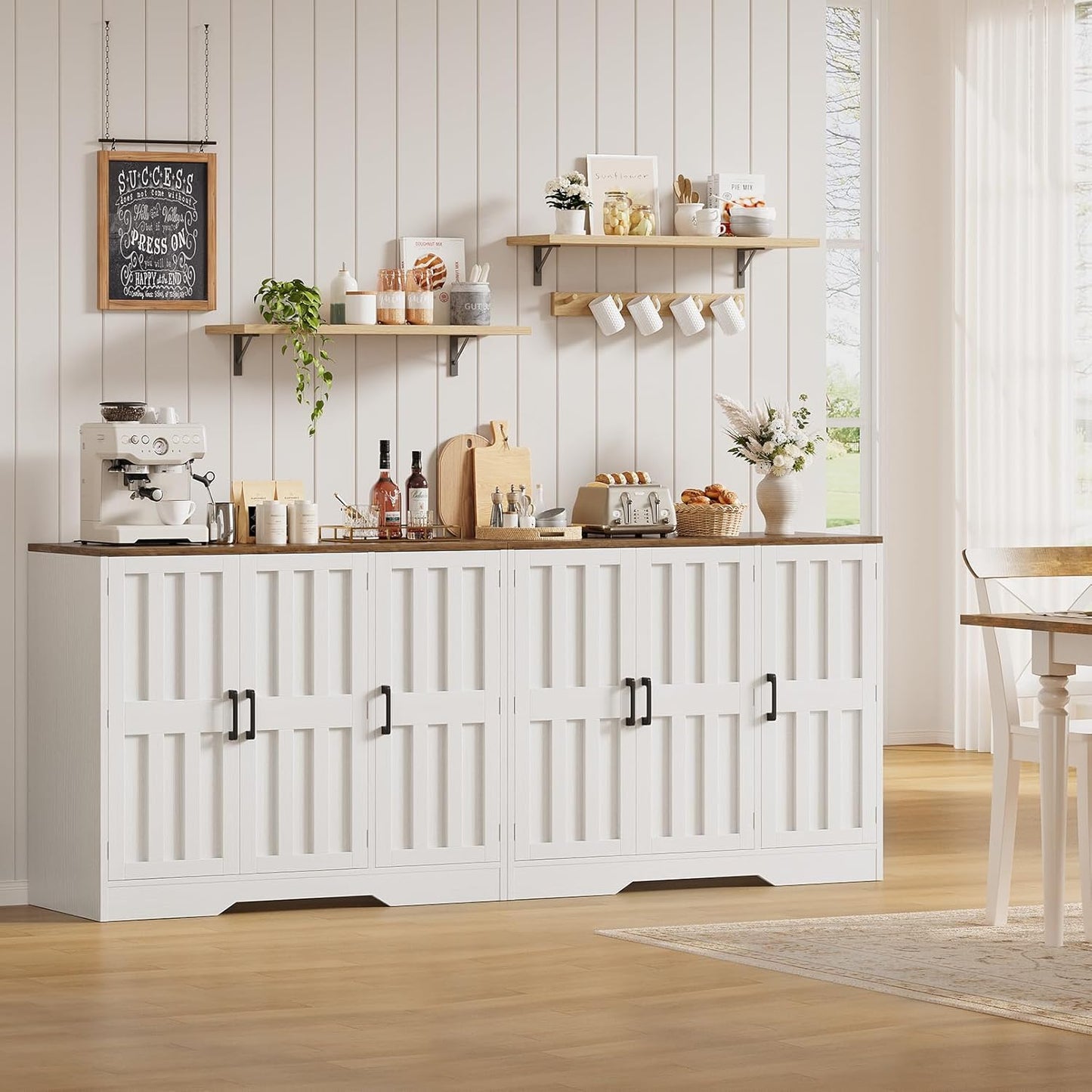 Modern Farmhouse Buffet Cabinet with Storage, 85" Large Sideboard Storage Cabinet with 6 Barn Doors, Coffee Wine Bar Cabinet Wood Table Credenza with Adjustable Shelf for Kitchen Dining Living Room