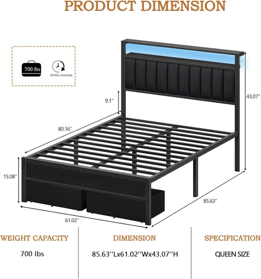Queen Bed Frame with Charging Station and LED Lights, Grey Upholstered Headboard with Shelves, Metal Platform Bed with 2 Under-Bed Storage (Fabric Drawer on Wheels), No Box Spring Needed