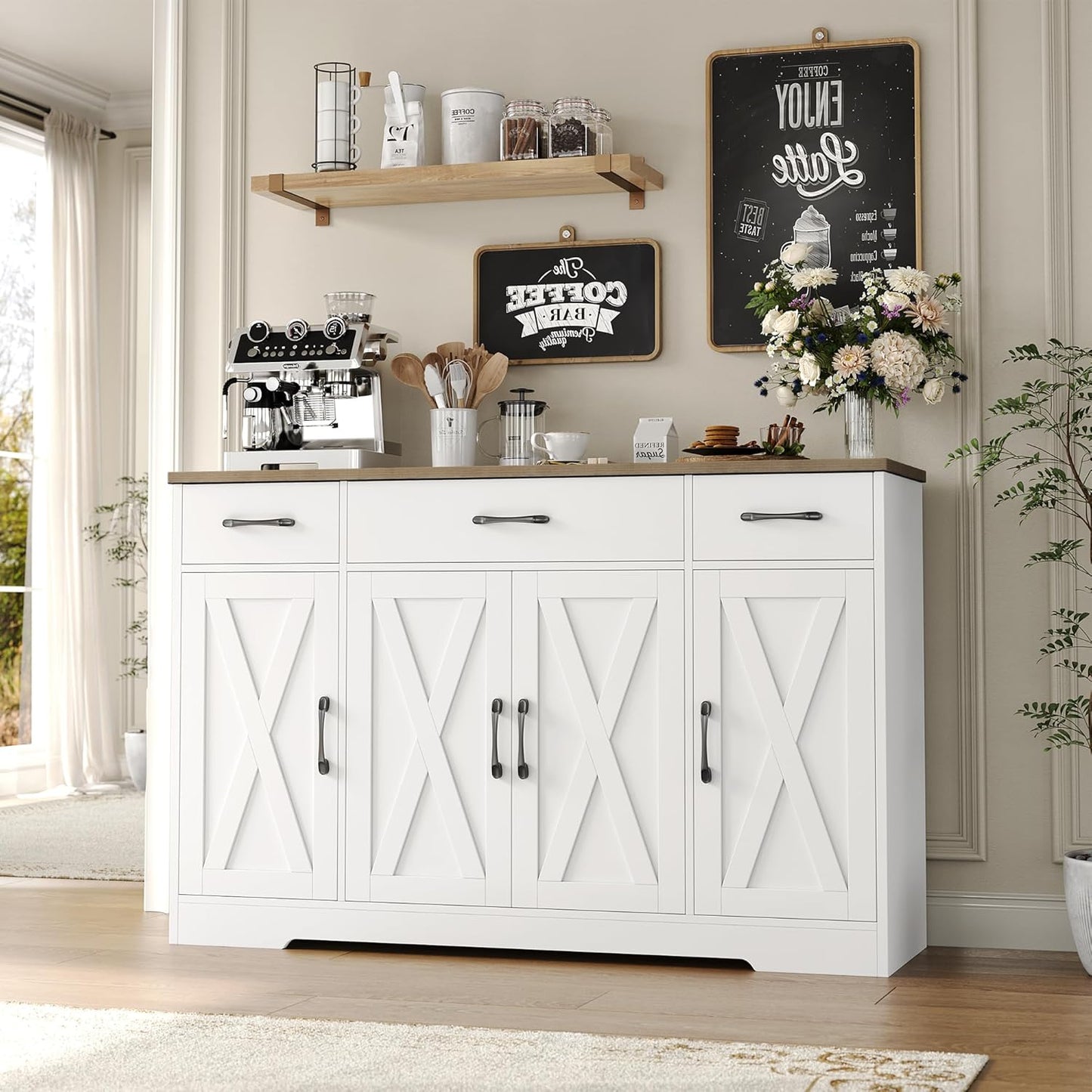 Buffet Cabinet with Drawers, 55" Large Sideboard Buffet Storage Cabinet with Shelves and Doors, Modern Farmhouse Coffee Bar Station Wood Kitchen Table for Kitchen, Dining Room, White/Rustic