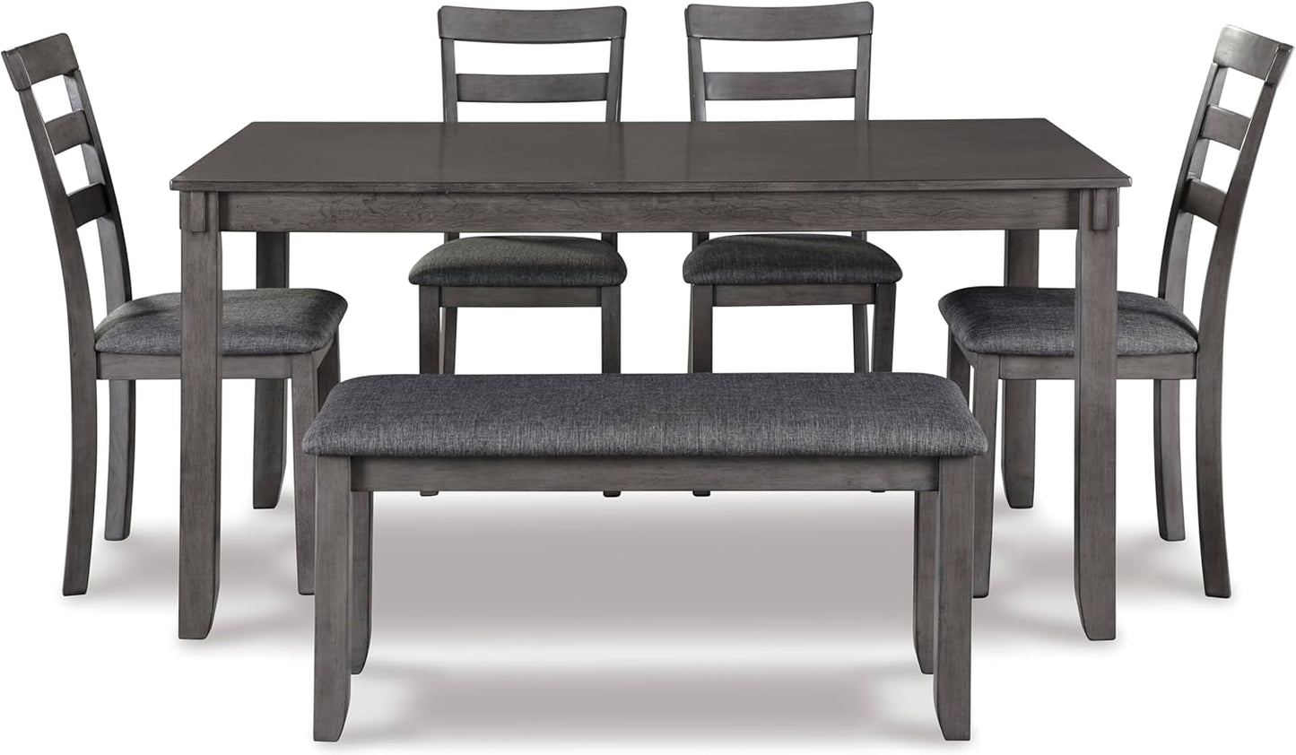 Bridson 6 Piece Dining Set, Includes Rectangular Dining Table, 4 Ladderback Chairs & Bench, Wood, 36" W X 60.13" D X 30" H, Gray