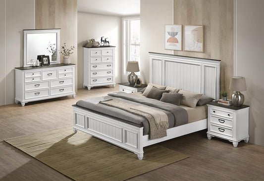 Clelane Wood Bedroom Set with Shiplap Panel King Bed, Dresser, Mirror, Two Nightstands, and Chest in Weathered White and Dark Gray