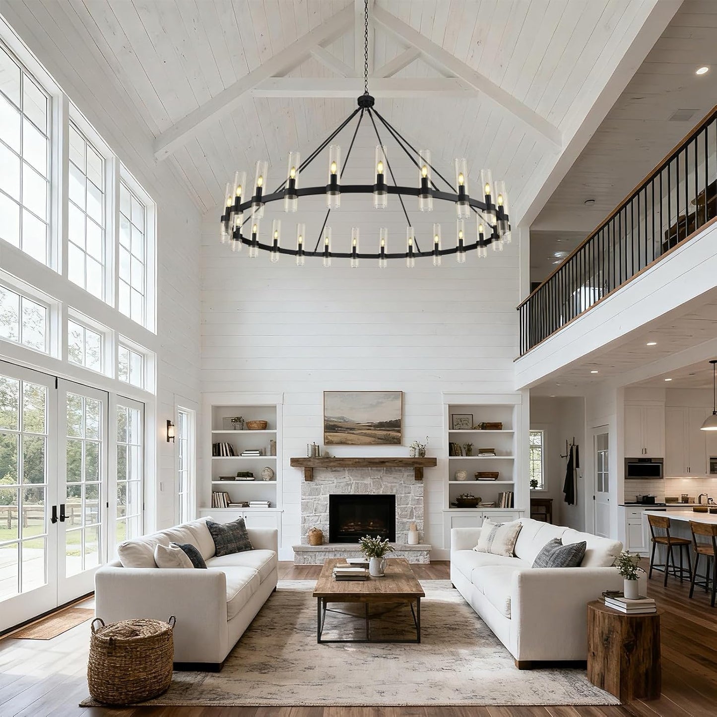 Black Wagon Wheel Chandelier 70 Inch, Large Chandeliers for High Ceilings, 24-Light Chandelier with Glass Shade, Modern Farmhouse Chandeliers for Living Room, Dining Room and Foyer(24 Bulbs Included)