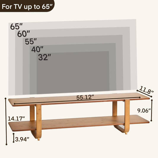 Bamboo TV Stand for Tvs up to 65", Media TV Console Table with Storage, Accent Entertainment Center with Shelf, Modern TV Stand for Living Room, Bedroom, 55"(L), Walnut