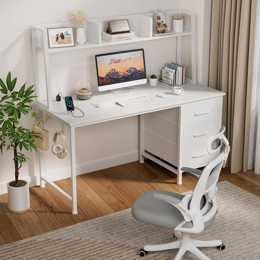 White Computer Desk with Hutch & Drawers - Office Desk with 3 Storage Drawers and Power Outlets, 47 Inch Modern Study Writing Desk for Bedroom Home Office