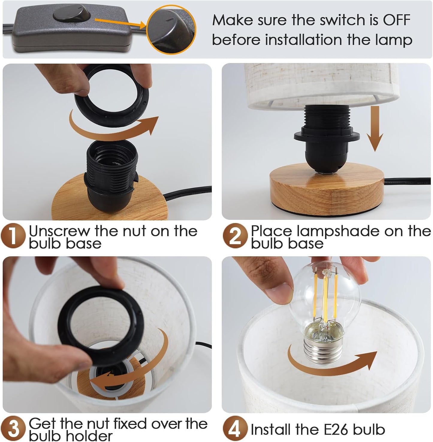 Small Bedside Night Table Lamp for Bedroom, Minimalist Nightstand Lamp with round Fabric Linen Shade, Study Reading Desk Lamp for Kids Room, Living Room, College Dorm, Home, Office