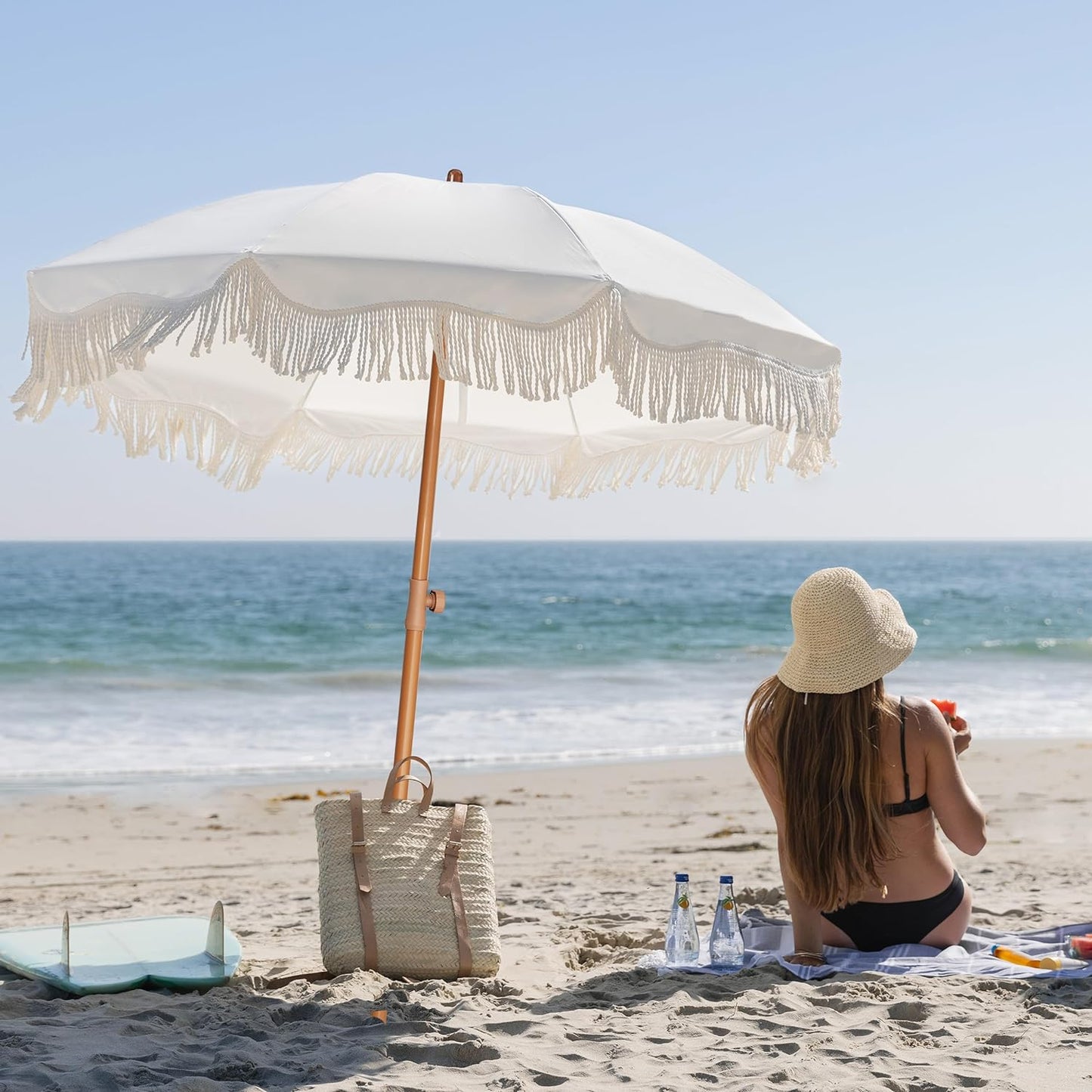 Boho Fringe Umbrella Outdoor Patio, 6.5Ft UPF50+ Picnic Umbrella with Tassels with Steel Pole and Push Button Tilt, Antique White