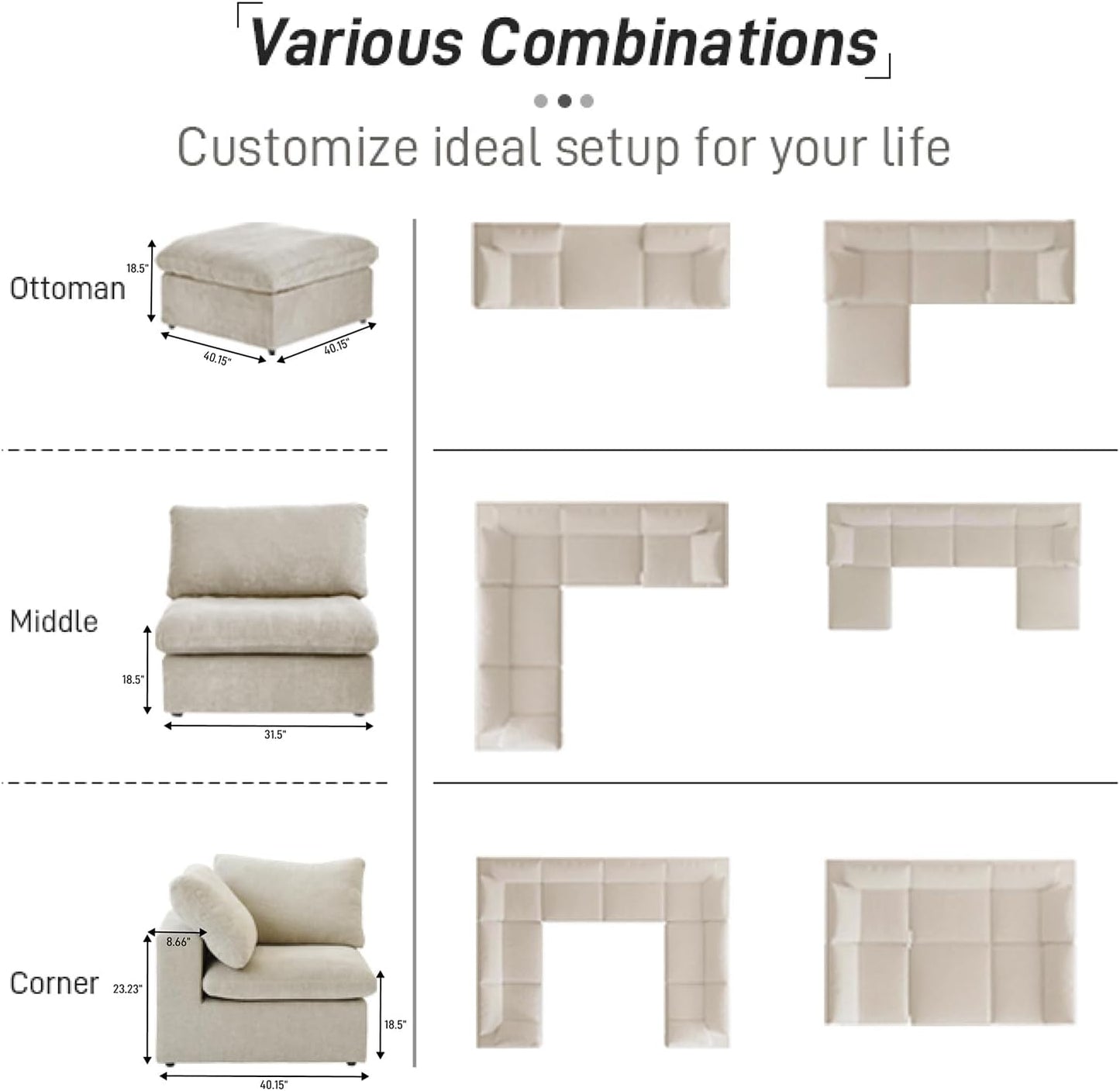 160.6" Cloud Couch Modular Sectional Sofa for Livingroom,Oversized Convertible Sofa with Storage Ottomans,6 Seat Wide Couches,Cushion Covers Removable (Khaki, 6 Seater)