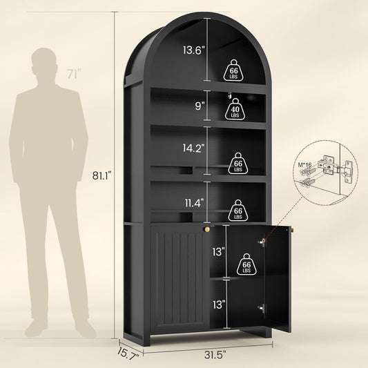 81" Tall Arched Cabinets,Bookcase with Storage,Mid-Century Modern 6-Tier Bookshelf with Door,2 Book Risers and Adjustable Shelves Offering More Storage Space for Living Room,Kitchen,Home Office,Black