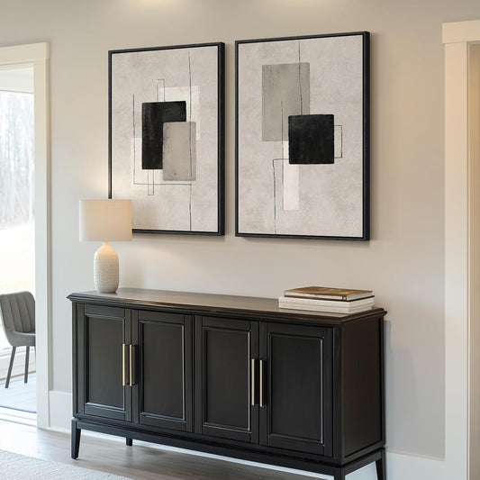 Large Framed Neutral Abstract Wall Art for Living Room, Set of 2 Black and Beige Modern Canvas Prints Paintings Artwork for Walls, Minimalist Block Lines Pictures for Hallway Office Wall Decor 24X36 In
