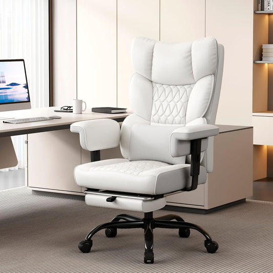 Big and Tall Office Chair with Footrest, High Back Executive Desk Chair with Adjustable Lift Armrest, 155°Recline,Lumbar Support Pillow, Faux Leather Gaming Chairs for Home or Office White