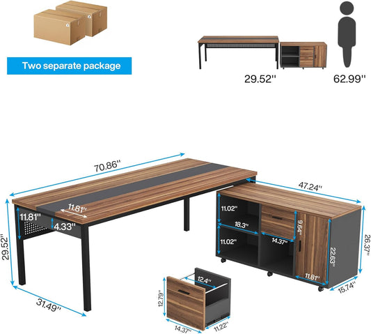 71 Inch Executive Desk, L Shaped Desk with Mobile File Cabinet, Executive Office Table with 2 Drawers and Storage Shelves, Business Furniture Workstation for Home Office, Walnut and Black