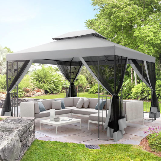 Gazebo 10X13 Heavy Duty Gazebos with Improved Nettings Outdoor Gazebo Double Roof Patio Gazebos with Metal Steel Frame Outdoor Canopy for Patio, Deck, Backyard (Gray)