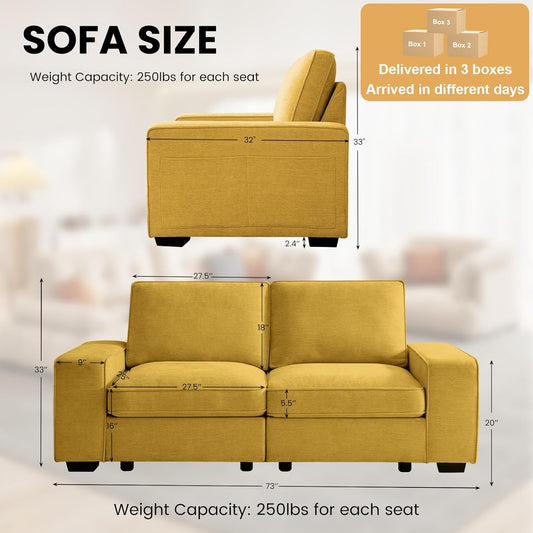 73" Modular Sofa Couch with Seat Storage, Comfy 2-Seater Chenille Fabric Loveseat Sofa for Living Room, Office, Apartment W/Deep Seat, Wide Armrest, USB Charing Removable Cover(Yellow)