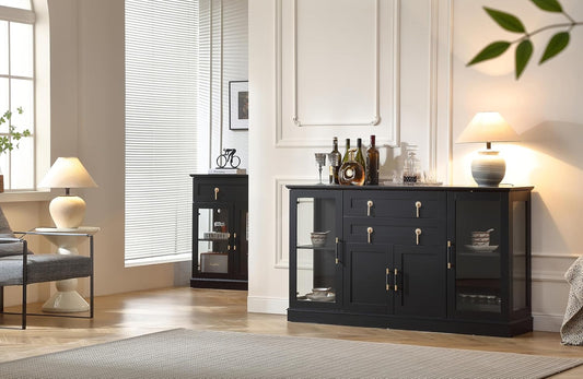 58.2'' Modern Sideboard Buffet Cabinet with Storage, Accent Coffee Bar Cabinet with 2 Glass Doors,Sideboard Credenza with Two Drawers and Adjustable Shelves,Black