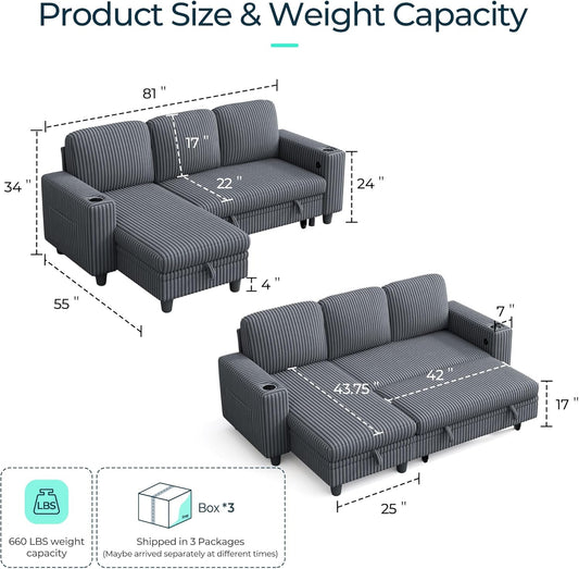 Sectional Sleeper Sofa with Pull Out Couch Bed Convertible Plush Corduroy Cloud Couch with Storage Chaise & USB Charging, Comfy L Shaped Modular Couches for Living Room Apartment (Grey)