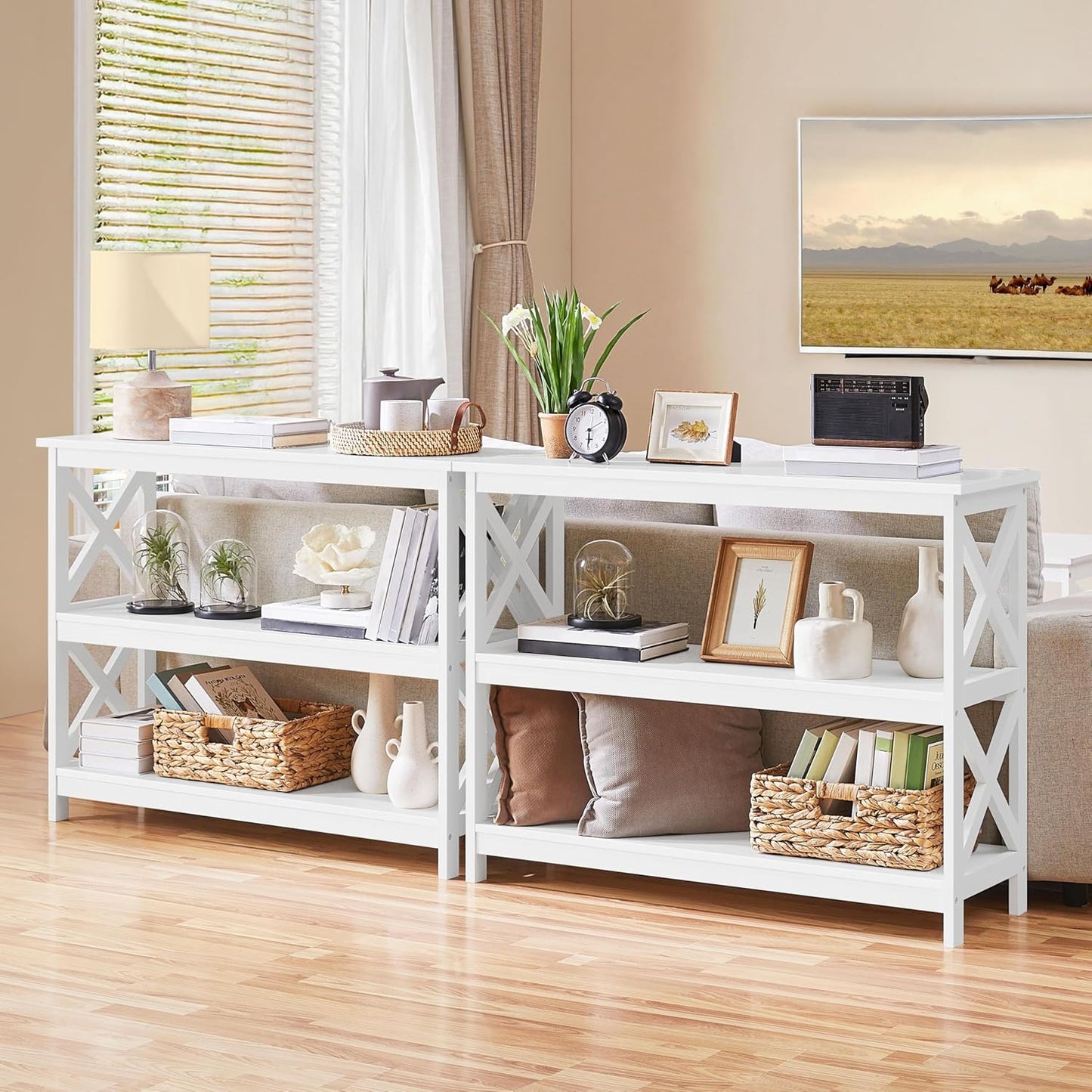 Console Table with 3 Storage Shelves, Entryway Table Sofa Side Table Narrow Long Bookshelf for Hallway Living Room, Accent Furniture, White | Bookshelf, for Hallway, for Living Room, Accent Furniture
