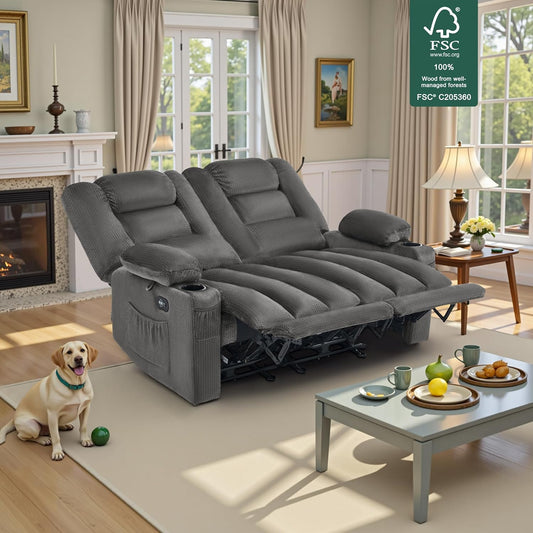 55.9" Zero Gravity Power Loveseat Recliner with Heat and Vibration Massage, Reclining Loveseat Sofa with USB Ports, Cup Holders for Living Room, Fabric PR648SET (Grey)