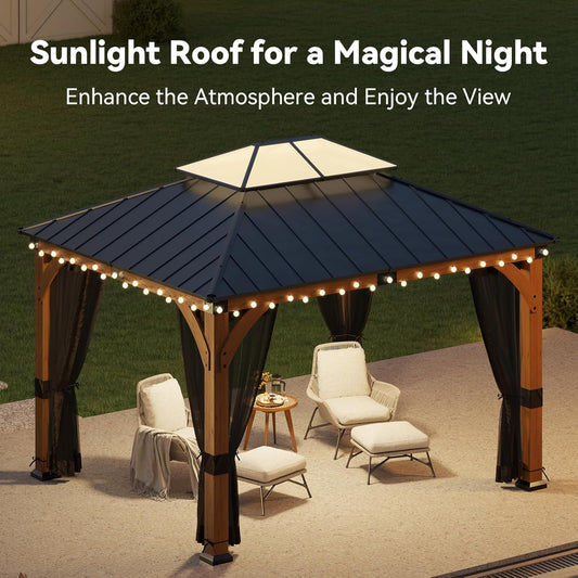 10X12 Ft Cedar Wood Gazebo with Translucent Roof, Hardtop Gazebo with Galvanized Steel Double Roof and Mosquito Netting, Heavy Duty Pavilion for Patio Lawn and Garden