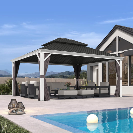 14' X 16' Hardtop Gazebo with Double Galvanized Steel Roof Awning and Upgrade Curtain for Patio Lawn and Garden, Grey