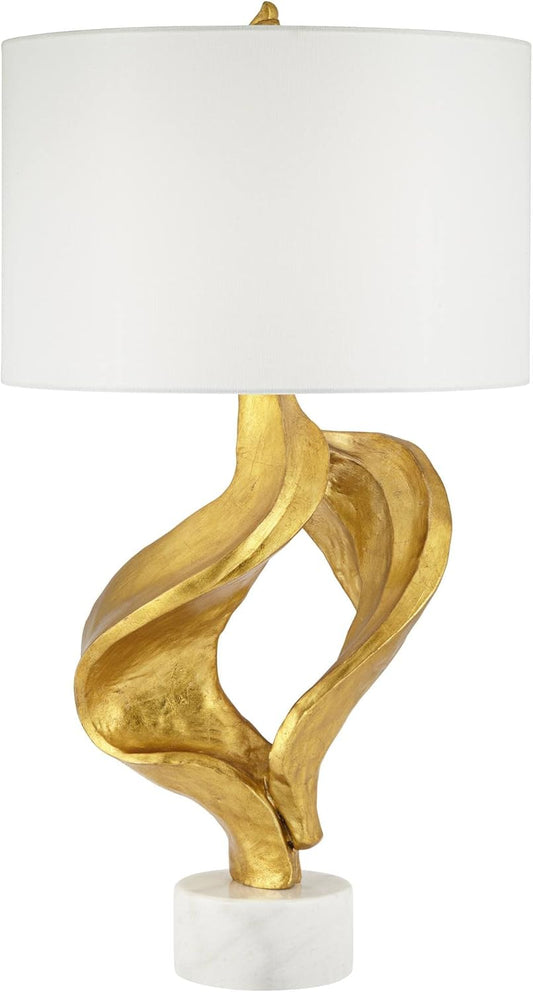 Hera Modern Glam Luxury Table Lamp Decor 31" Tall Sculptural Gold Leaf White Fabric Drum Shade Marble Base for Living Room Bedroom House Bedside Nightstand Home Office Entryway