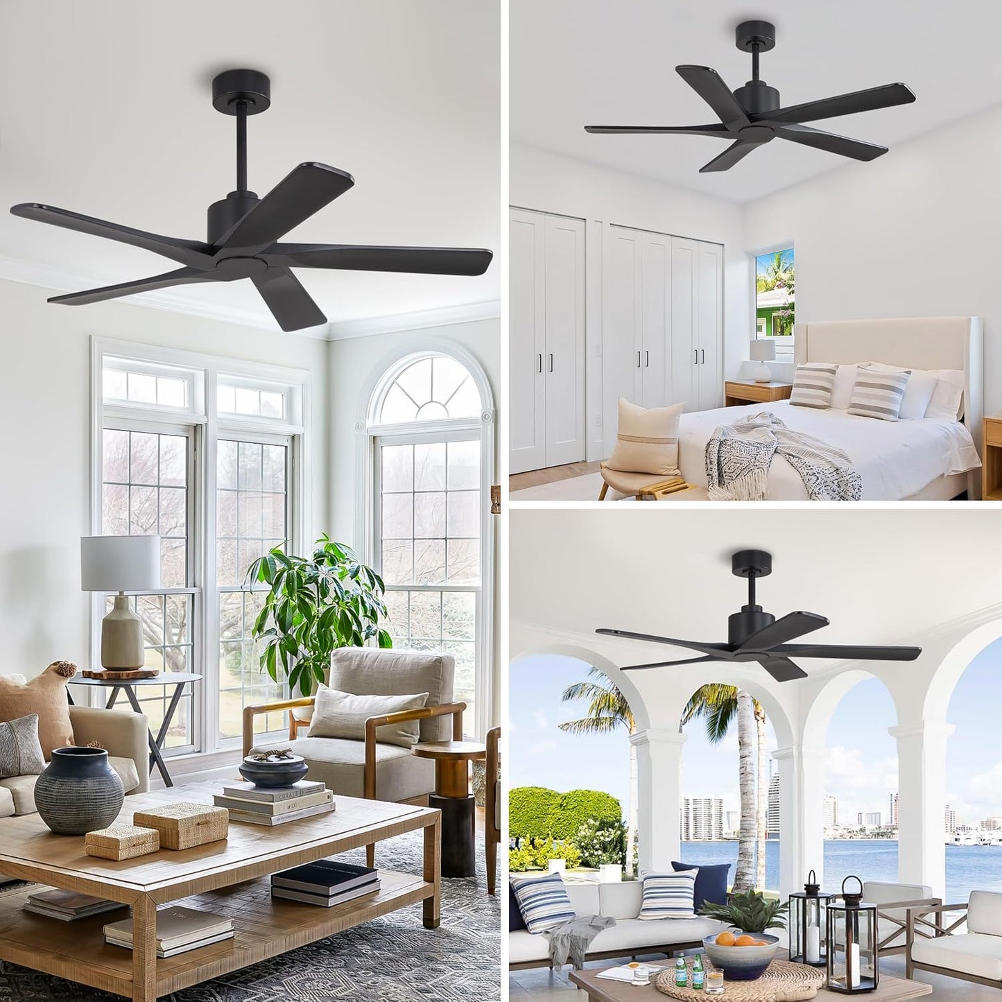 48" DC Ceiling Fan No Light - 5 Carved Solid Wood Blades, 6-Speed Reversible DC Motor, Ceiling Fan without Lights for Living Room Bedroom Kitchen Patio, Indoor and Outdoor, Matte Black