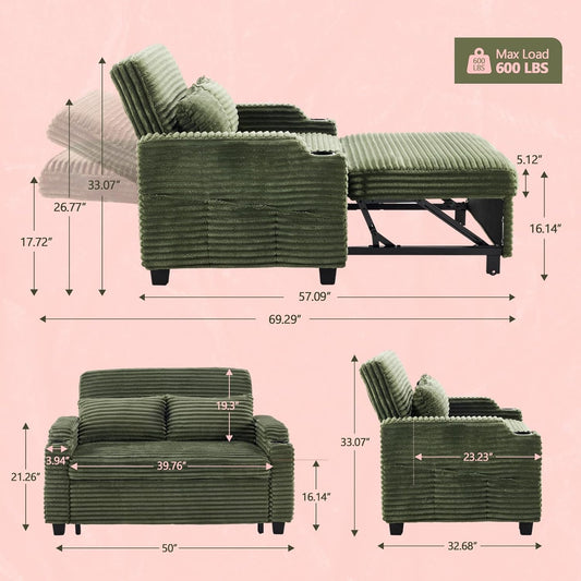 Green Futon Sofa Bed Convertible Loveseat Sleeper Sofa Couch, Corduroy Pullout Sofa Fold Out Couch Bed with USB Ports, Cup Holders, Armrest for Living Room, Bedroom Apartment Room | Lveseat Sleeper