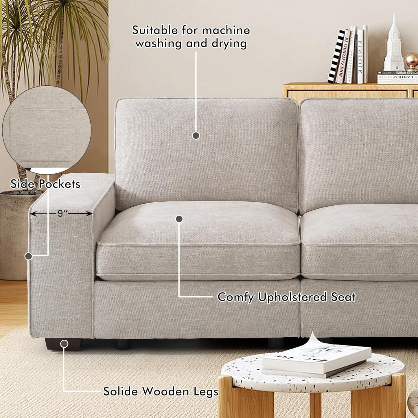 100" Modular Sectional Sofa with Seats Storage, L Shaped Couch with Movable Ottoman for Living Room, Couch with Chaise, Solid Wood Frame, Spring Cushions, USB Port, Removable Covers, Beige | Seats Storage, Movable Ottoman, Flexible Modularsofa