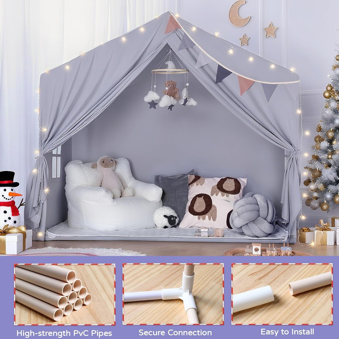 Kids Play Tent Indoor - with Mat, Star Lights - Large Toddler Tents Playhouse for Girls Boys, Bed Tent for Bedroom inside Birthday Gifts Toys(Gray)