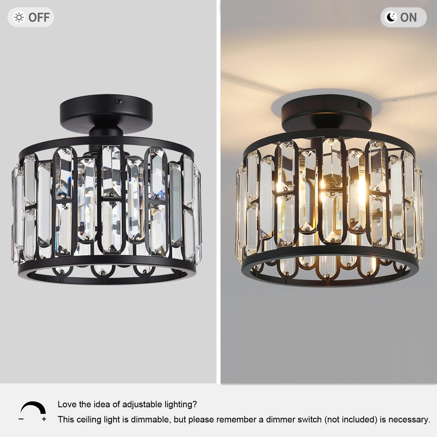 Crystal Ceiling Light, Semi Flush Mount Modern Black Ceiling Light Fixture, Crystal Chandelier, for Bathroom Hallway, Kitchen, Entryway, Bedroom, Laundry Room, Porch 1 Light E26