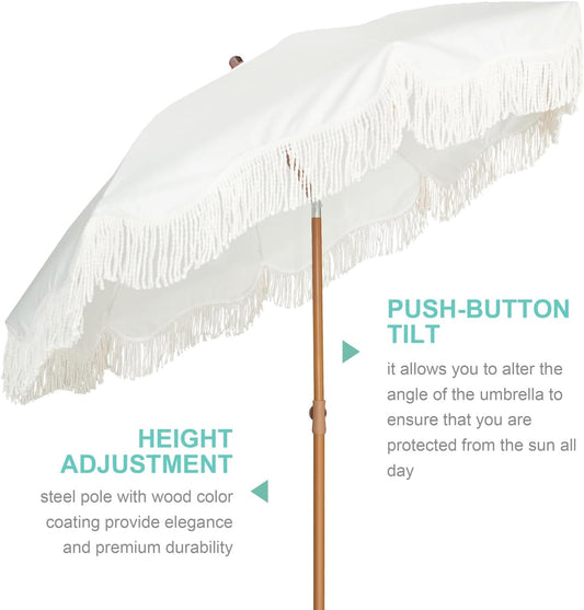 Boho Fringe Umbrella Outdoor Patio, 6.5Ft UPF50+ Picnic Umbrella with Tassels with Steel Pole and Push Button Tilt, Antique White